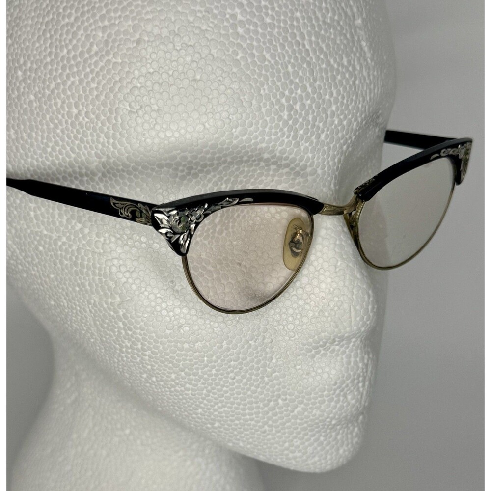 Vintage UOC Eyeglasses 1950s Cat Eye Black N Silver Aluminum Frame Floral Etched - Picture 2 of 7